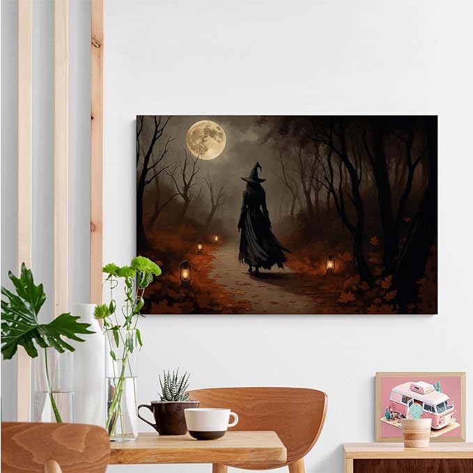 JFHCQJPK Moonlight witch poster dim lantern Halloween decoration Gothic style dark retro college style canvas wall art suitable for living room bedroom16x24in Frameless