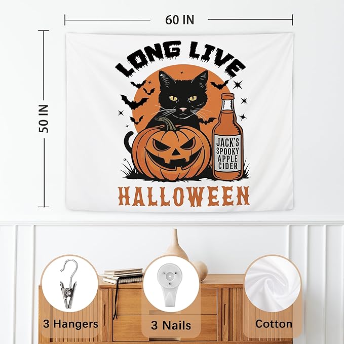 NATSUNO Halloween Tapestry, Long Live Halloween Wall Tapestry for Bedroom, Trendy Black Cat Pumpkin Apple Cider and Bats Tapestries Wall Hanging for Home Living Room Decor, 50x60 Inches