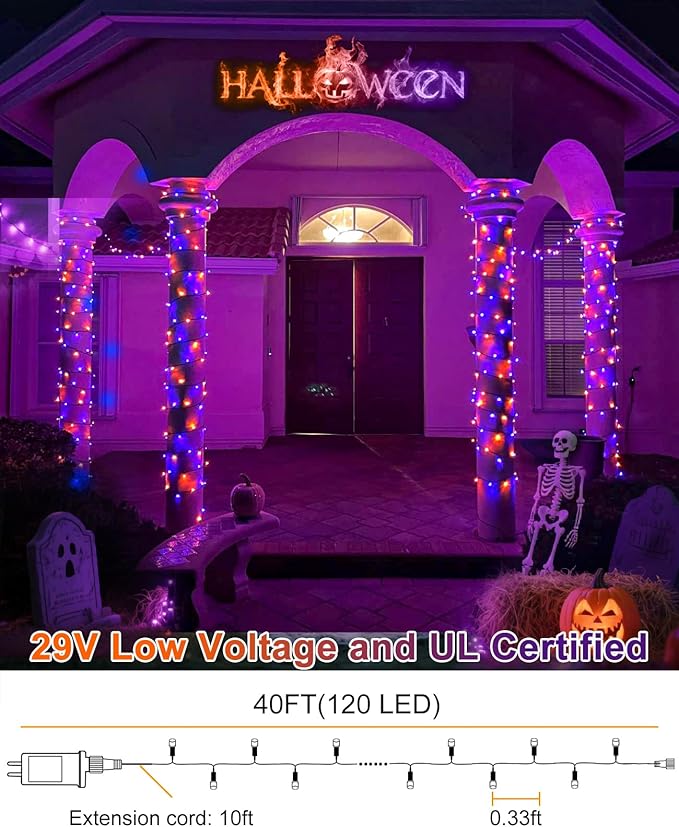 Halloween Lights Outdoor 40FT 120 LED, Green Wire String Lights for Outside Waterproof, 8 Modes Connectable Twinkle Tree Light for Indoor Bedroom Yard Party Holiday Decorations, Purple Orange