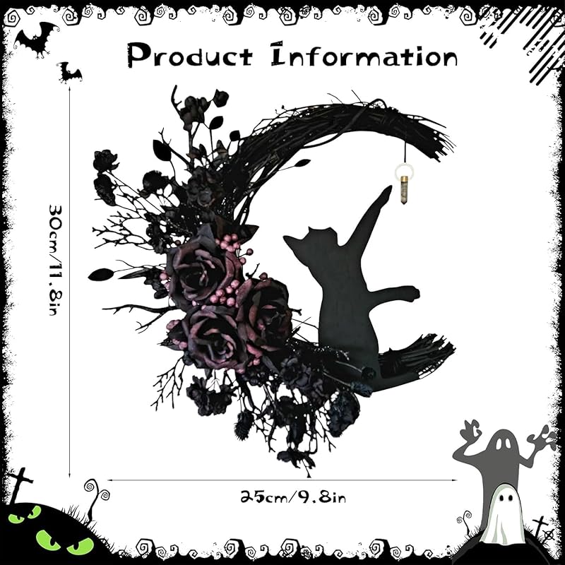 Halloween Wreaths for Front Door with Light, Black Cat on Moon Garland with Rose Wreath Decor, Halloween Decorations Crescent Moon Wreath for Home Party Window Wall Indoor Outdoor (black flower)