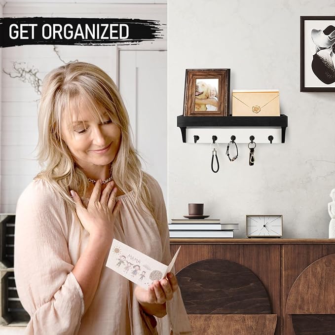 Rebee Vision Key Holder Wall Mount with Shelf - Decorative 2-Color Key Rack with 5 Rustic Key Hooks and Primitive Wood Mail Organizer Wall Mount - Modern Farmhouse Entryway Decor (Black & White)