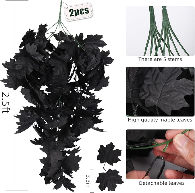 RECUTMS Black Maple Leaf Artificial Hanging Plants Fake Plants Faux Fall Leaves Halloween Faux Plants Autumn Leaves Artificial Wall Hanging Indoor Outdoor Halloween Decoration（Black）