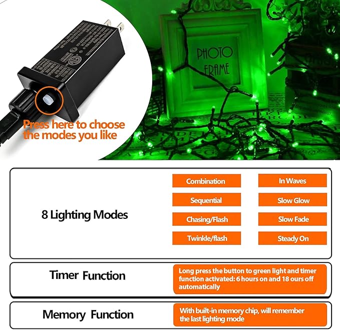 75.8 FT 200 LED Green Christmas String Lights Outdoor & Indoor, Memory Function & Timer & 8 Modes, Extendable Ultra Bright Green Wire Waterproof Mini Lights for Christmas Tree Yard Holiday Party Decor