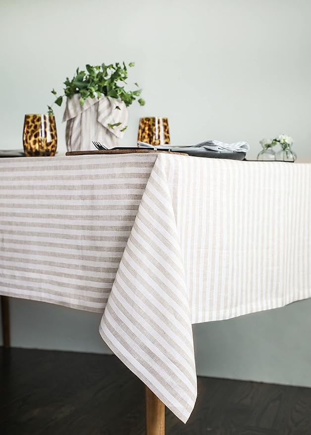 Solino Home Linen Tablecloth 60 x 120 Inch - Amalfi Stripe 100% Pure Linen Natural and White Table Cloth for Rectangle Tables - Machine Washable Tablecloth for Fall, Autumn, Thanksgiving