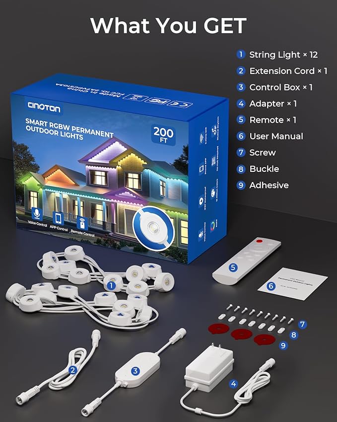 CINOTON Permanent Outdoor Lights 200ft, Smart RGBW Eaves Lights with 144 LEDs, IP67 Waterproof, 111 Scene Mode for Daily and Festival, Halloween Christmas Party Holiday Decor, APP/Voice/Remote Control