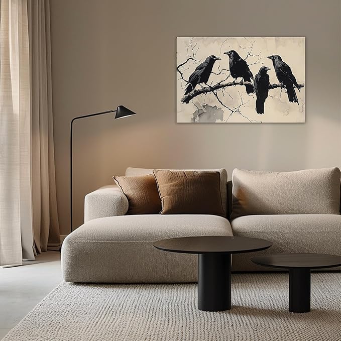 OAAPITI Birds Canvas Wall Art Black Couple Crow Picture Print Vintage Gothic Raven Artwork for Living Room Halloween Home Wall Decor(Artwork-9,20"x30")
