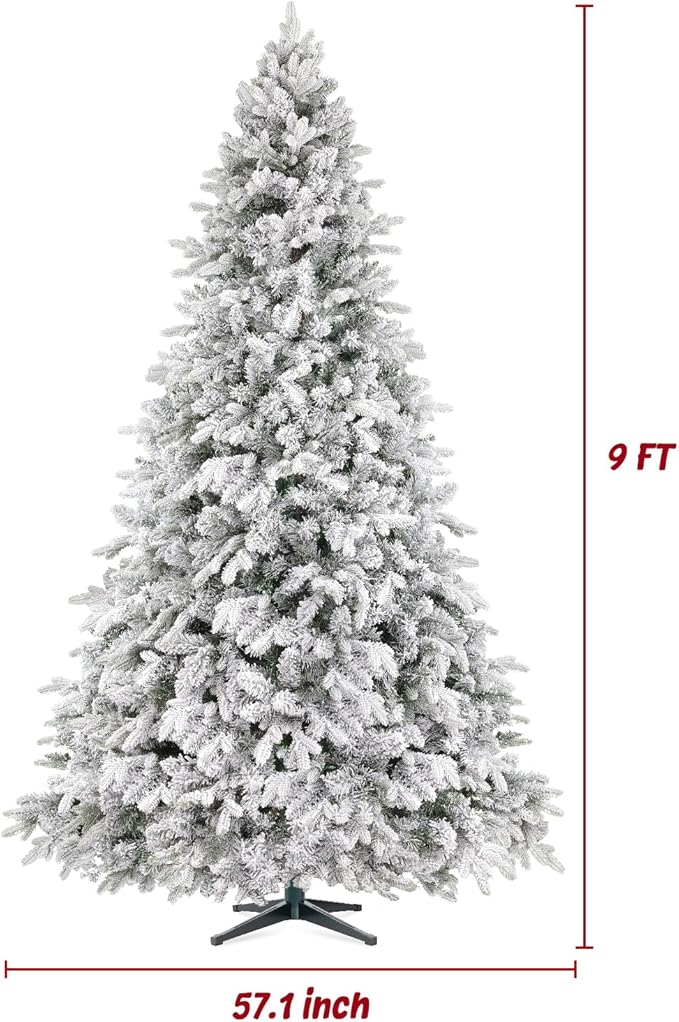9ft 360° Rotating Pre-Lit Snow Flocked Christmas Tree, Built-in Music, Remote Control, 8 Light-Modes, White Christmas Tree for Home Decor