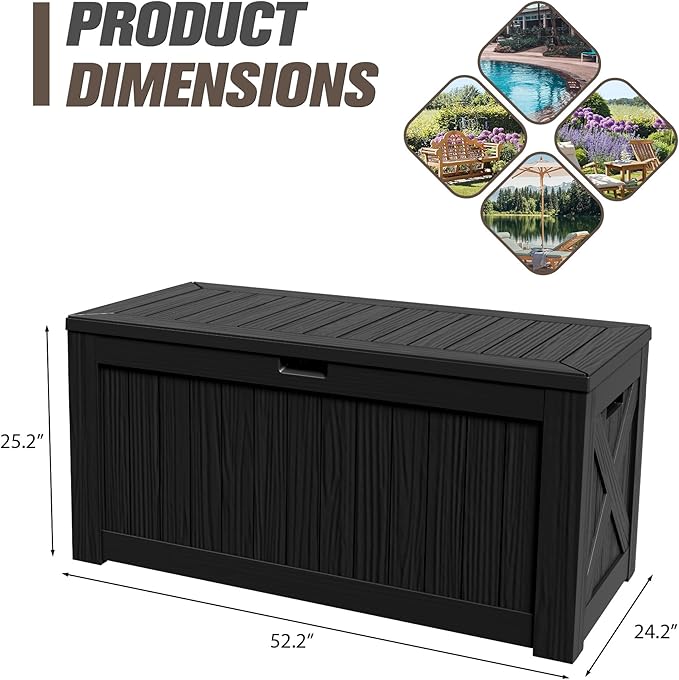 JUMMICO 120 Gallon Resin Deck Box, Large Outdoor Storage Box Waterproof & Lockable for Garden, Patio, Pools (Black)