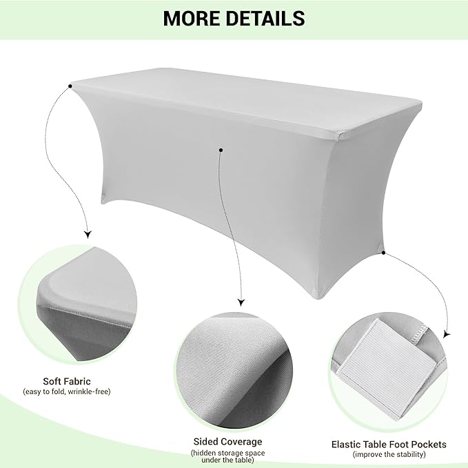 Obstal 6ft Stretch Spandex Table Cover for Standard Folding Tables - Universal Rectangular Fitted Tablecloth Protector for Wedding, Banquet and Party, 72L x 30W x 30H Inches, Silver, 2pc