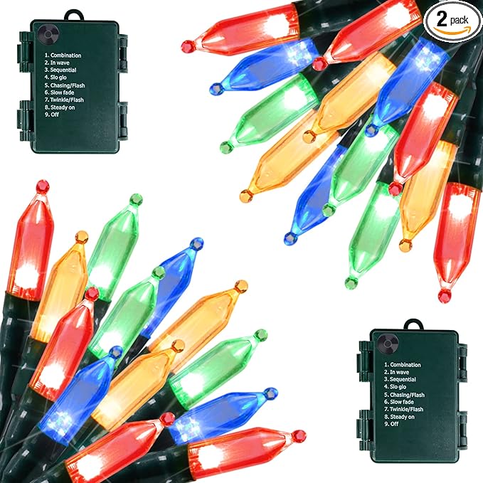 Battery Operated Christmas Lights 2 Pack 18 Feet 50 LED Clear Mini String Lights with 8 Modes Waterproof Tree Lights for Xmas Outdoor Indoor Holiday Party Garden Decor, Multicolor