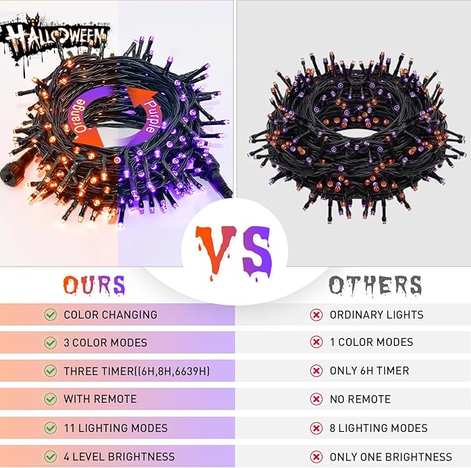 JMEXSUSS 200 LED Orange and Purple Halloween Lights Plug in, 66ft Connectable Color Changing Christmas String Lights with Remote, Outdoor Waterproof Tree Lights for Yard Halloween Decor