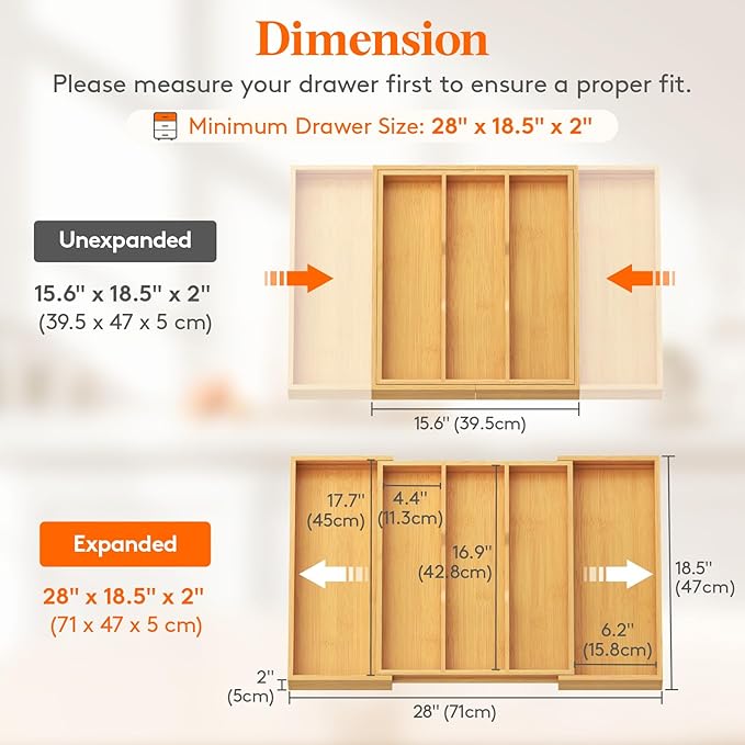 Lifewit Utensil Organizer for Kitchen Drawer, Expandable Cooking Utensil Tray, Bamboo Cutlery Silverware Flatware Holder, Adjustable Spatula Tools Gadget Storage Divider, 28 x18.5 x 2 inches, Natural