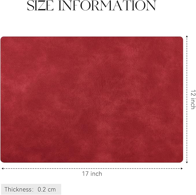 MOSAYT Vinyl Placemats Set of 12-12 X 17 Inch - Faux Leather 100% Waterproof Oil-Proof Wipeable PU Place Mats, Heat Resistant Reversible Table Mats for Kitchen, Dining, Outdoor (Red)