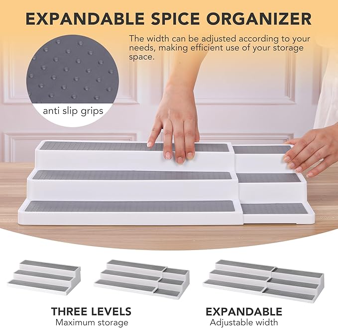 3 Tier Expandable Spice Rack Organizer, Plastic Spice Rack, Adjustable Length 14.6In-25.8In, Non-Skid Tiered Spice Shelf Organizer for Kitchen Cabinet, Cupboard, Pantry, White/Grey