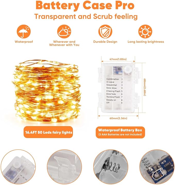 4 Pack 16.4 Ft. Battery Operated Outdoor String Lights with Remote & Timer, LED Warm White Fairy Lights, Waterproof Twinkle Lights for Bedroom, Dorm, Mason Jar, Wedding, Party, Christmas