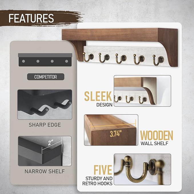Rebee Vision Key Holder for Wall with Shelf - Farmhouse 2-Color Key Rack with 5 Retro Keys Hooks and Primitive Wood Mail Organizer Wall Mount - Decorative Rustic Home Decor (Brown & White)