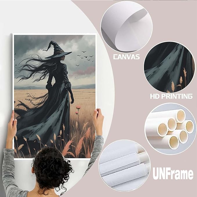 JFHCQJPK Gothic Decor Canvas Wall Art Witch in Rice Field Halloween Art Decor Print Nature Print Victorian Home Bedroom12x16in Frameless