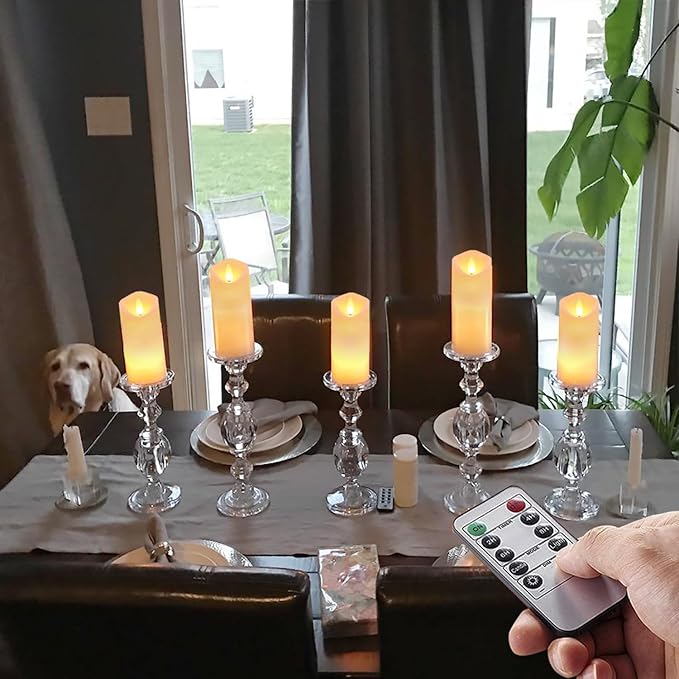 5plots 7"x 2.2" Flickering Flameless Candles, Battery Operated LED Pillar Candles with Timers and Remote Control, Made of Wax-Like Frosted Plastic, Won’t Melt, Ivory, Skinny, Set of 6