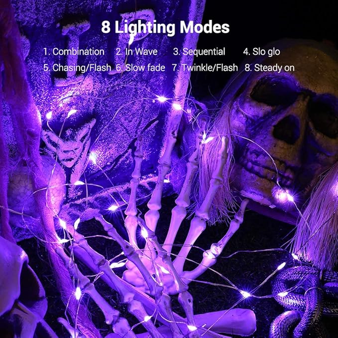BrizLabs Purple Halloween Lights, 19.47ft 60 LED Battery Halloween Lights, 8 Modes Purple Fairy String Light with Remote, Waterproof Outdoor Twinkle Light for DIY Home Bedroom Holiday Party Decor