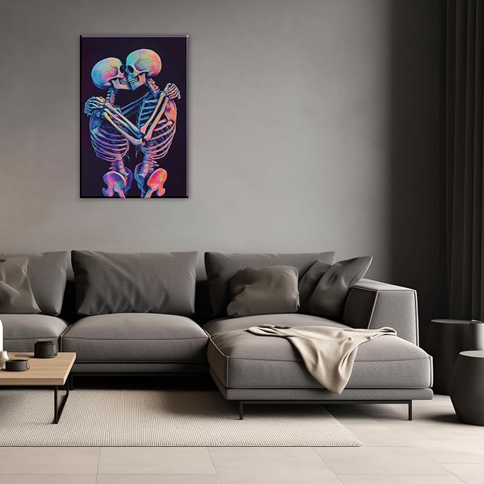 Skeleton Wall Art Kissing Skull Art Poster Skeleton Lover Picture Print On Canvas Abstract Horrible Theme Painting Framed Artwork Living Room Decor(Artwork-3,12"x18")