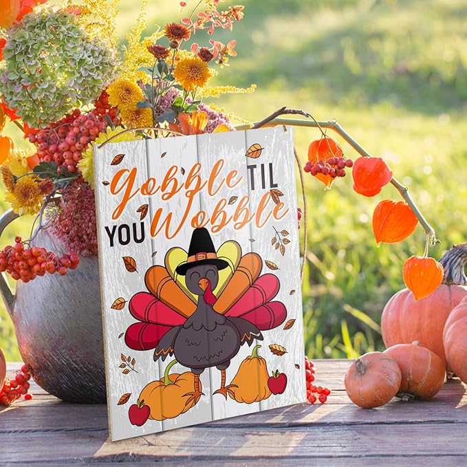 UDNADKEX Thanksgiving Decorations Hanging Sign, Autumn Fall Decor Farmhouse Turkey Pumpkin Wooden Wall Sign Thanksgiving Decorations, Gobble Til You Wobble