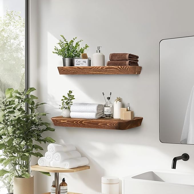 16"x6.8"x1.6" Slanted Floating Wall Shelves 2-Pack - Rustic Brown Finish, Heavy-Duty Solid Wood Design with Hidden Brackets - Perfect for Living Room, Kitchen, Bathroom, or Office