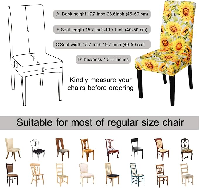 JQinHome Pattern Chair Covers for Dining Room Set of 4, High Stretch Removable Washable Parsons Chair Slipcover for Home Party Hotel Wedding Ceremony (Sunflower,4PCS)