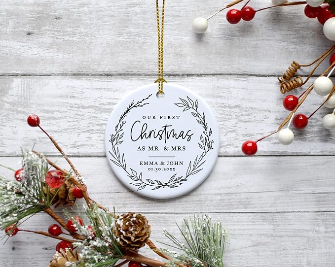 Andaz Press Personalized Our First Christmas As Mr. & Mrs. 2024 Christmas Ornaments Modern Farmhouse Wreath 2.8" Round Porcelain Ceramic 1st Year Married Custom Ornament Keepsake for Newlyweds 1-Pack