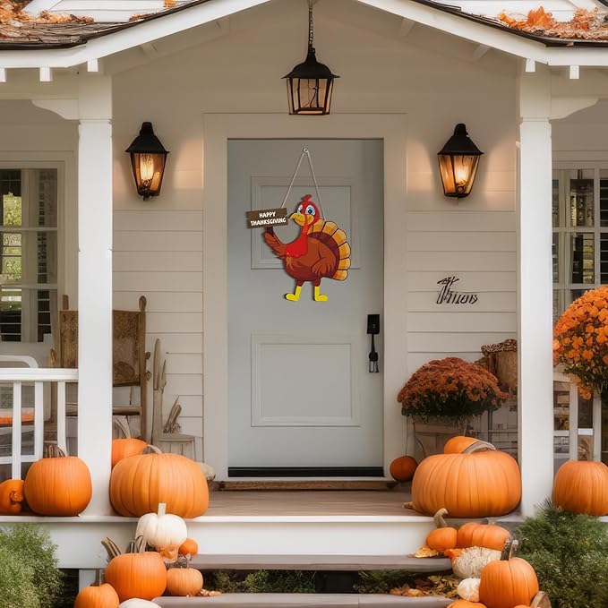 Jetec Happy Thanksgiving Turkey Door Sign Decor Wooden Turkey Sign Wall Art Hanging Rustic Plaque for Autumn Fall Thanksgiving Day Front Door Porch Home Decoration
