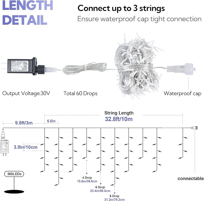 Hopolon 33FT 360L LED Christmas Icicle Lights Outdoor Waterproof,8 Modes Plug in Curtain String Lights with 60 Drops,Christmas Lights for Wedding,Party,Bedroom,Home,Garden,Wall Decorations(White)