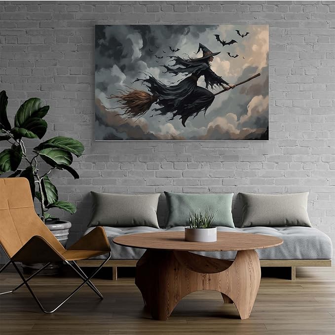 Witch and bat flying Halloween poster suitable for home party wall decoration retro Halloween preppy style wall art canvas print suitable for room decoration12x16in Wood Framed