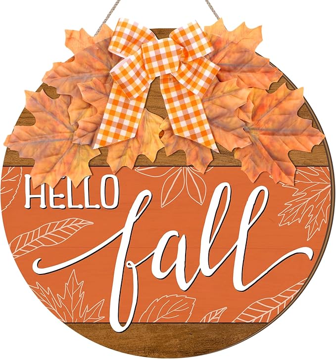 Hello Fall Sign for Front Door Autumn Wooden Hanging Door Hanger Sign Fall Welcome Wreaths with Bow Maple Leaf Farmhouse Wall Decoration for Home Thanksgiving Harvest Front Porch Decor