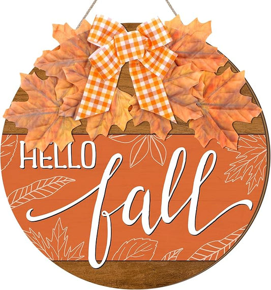 Hello Fall Sign for Front Door Autumn Wooden Hanging Door Hanger Sign Fall Welcome Wreaths with Bow Maple Leaf Farmhouse Wall Decoration for Home Thanksgiving Harvest Front Porch Decor