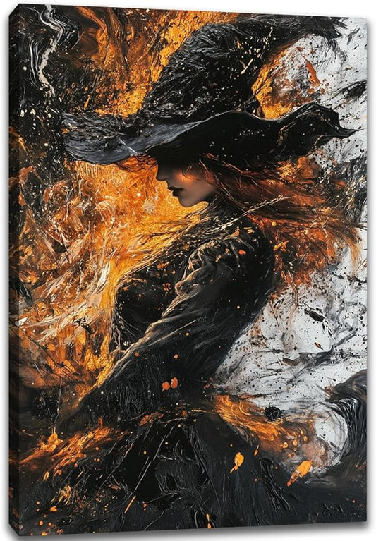 Witch Canvas Poster Print, Dark Academic Picture Wall Decor, Modern Fashion Aesthetic Abstract Witchcraft Halloween Wall Art For Bedroom Living Room Hallway Decoration,8"x12" Framed