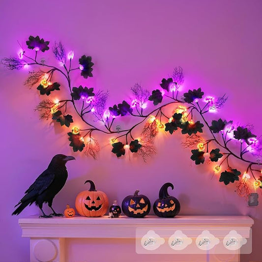 kuaima Halloween Lighted Willow Vine Twig Decor, 6.56 FT Light up Garland with Purple and Orange LED Lights for Indoor Outdoor Decor, 8 Modes, 18 Ornaments, 4 Adhesive Hooks