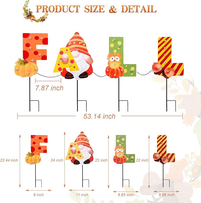 WONDER GARDEN Fall Yard Stakes Yard Signs, 4 Pack Metal Thanksgiving Lighted Garden Stakes, Gnome Sign with LED Lights for Harvest,Outdoor, Lawn,Farmhouse Decorations