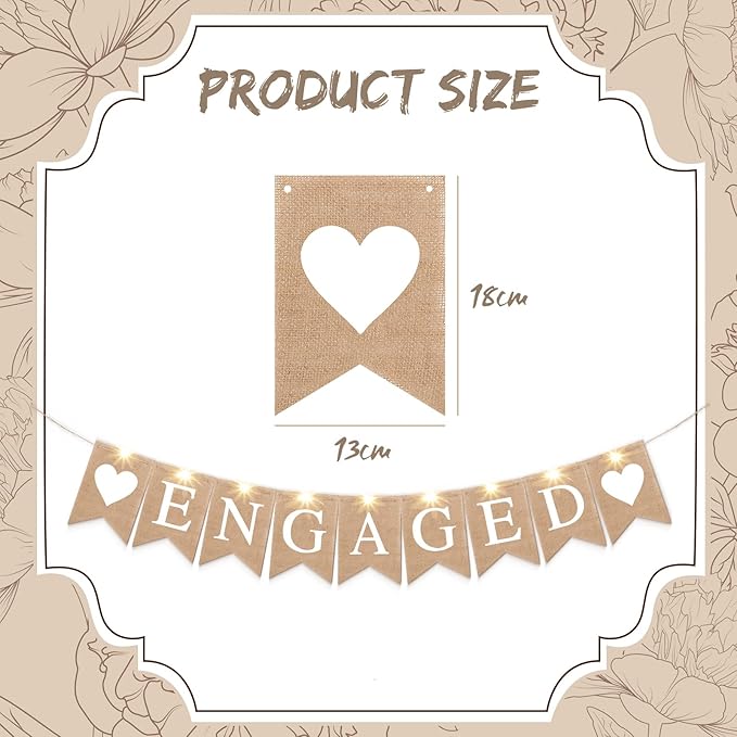 Moukeren Engagement Party Decorations Engaged Banner Heart Burlap Rustic Bunting Garland LED Fairy Lights Battery Operated String Lights for Outdoor Tree Decorations Wedding