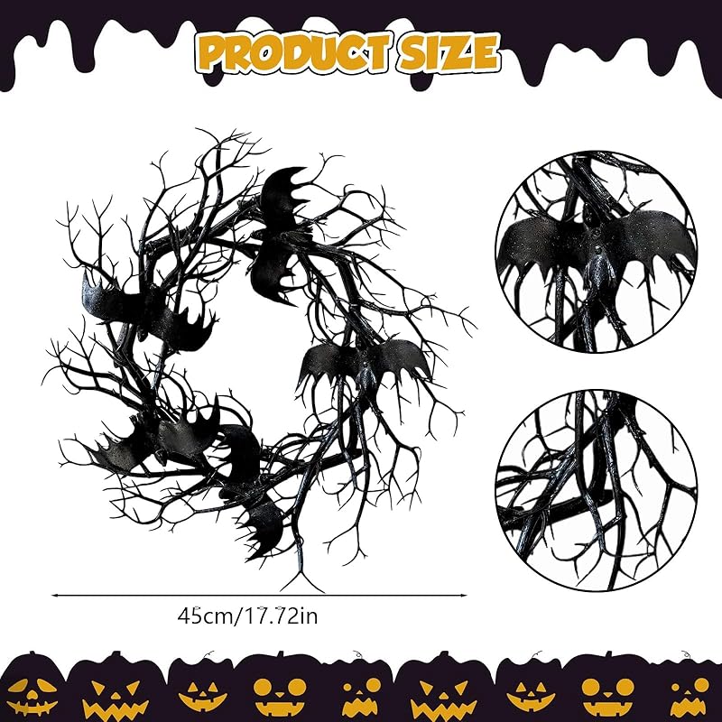 Halloween Black Branch Wreath - 18 Inch Black Twig Halloween Bat Wreaths for Indoor Outdoor Party Window Wall Decor Farmhouse Garland Yard