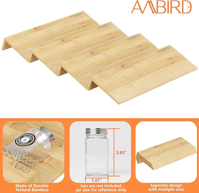 AMBIRD Bamboo Spice Drawer Organizer with Non-slip Mat,4 Tier Jar Spice Rack Tray 9.5'',Seasoning Organizer for Kitchen,Cabinet,Drawers,Countertop
