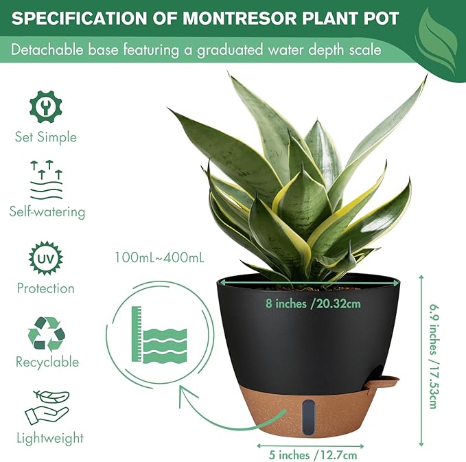 montresor 2 Pack 8 inch Plant Pots, PP Plastic Self Watering Plant Pot with Drainage and Tray for Indoor Outdoor Plants, Water Level Window & Reservoir Flower Pots Decorative Planter (Black)