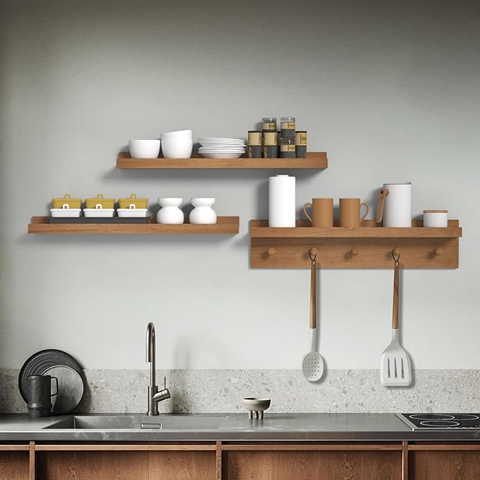 MBYD 24 Inch Floating Shelves, Picture Ledge Shelf, Natural Wood Wall Shelf, Nursery Book Shelves for Kids Room Decor with Hooks, Kitchen Bathroom Storage, Living Room Walnut