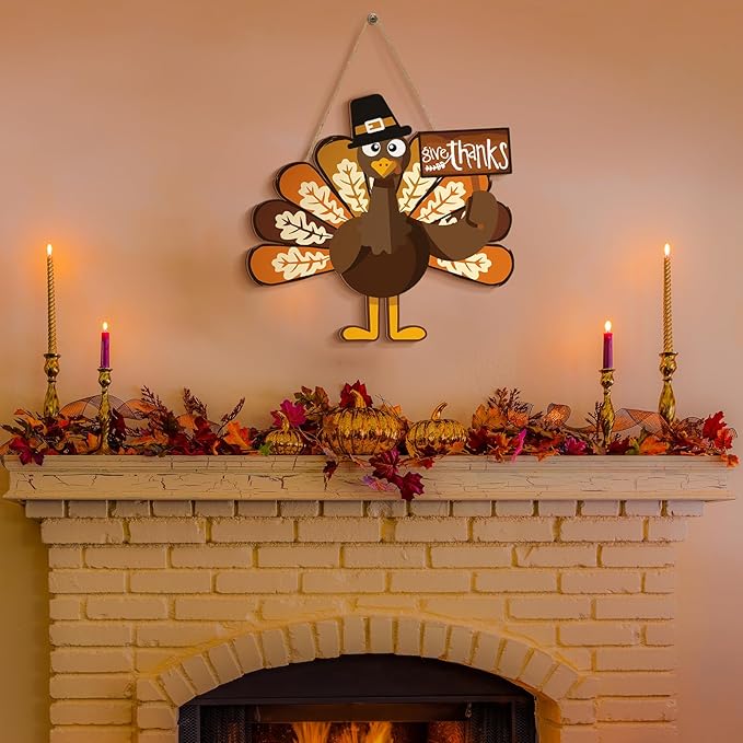 Jetec Happy Thanksgiving Turkey Door Sign Decor Wooden Turkey Sign Wall Art Hanging Rustic Plaque for Autumn Thanksgiving Day Front Door Home Decoration (Classic)
