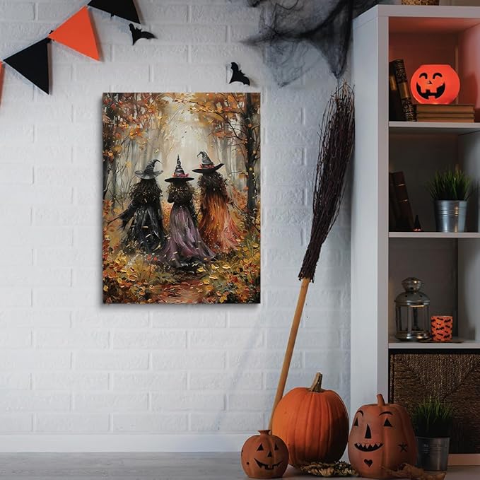 Vintage Three Witches In The Forest Painting Witch Print Witchy Canvas Print Halloween Wall Art Halloween Decor Witch Poster Dark Academia Gothic Room Decor for Bedroom 16x24in Large Frame wall art