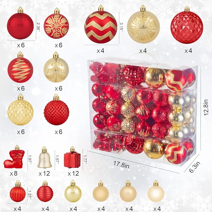 116Pcs Red and Gold Christmas Ball Ornaments, Shatterproof Christmas Hanging Decoration Set with Gift Box, Assorted Decorative Baubles Set for Xmas Tree/Home/Wedding/Party/Holiday (Gold & Red)