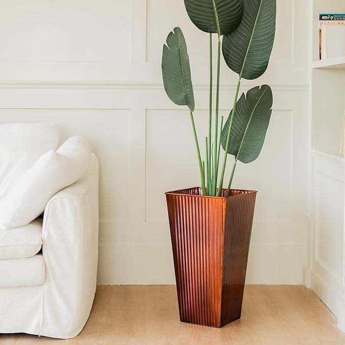 22in Vintage Handmade Metal Vertical Lines Copper Tapered Planters,Planter Box with Drainage Holes and Saucer -Set of 2, Galvanized Steel Planter for Indoor/Outdoor/Porch/Garden