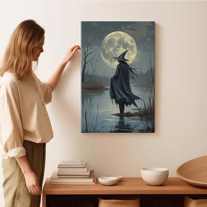 JFHCQJPK Witch in the moonlight magic canvas wall art enchanting Halloween home decor swamp witch silhouette oil painting mysterious gothic aesthetic wall decor print poster20x30in Frameless