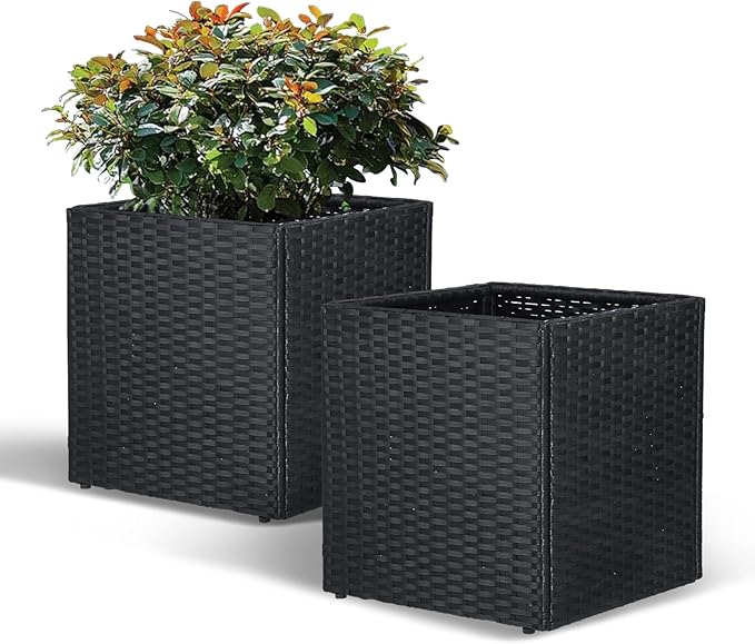 SUNNYPARK Set of 2 Large Square Planter with Removable Liner, All-Weather PE Rattan Modern Planters Indoor Outdoor Flower Plant Pots Garden Box Patio Yard Front Porch Deck