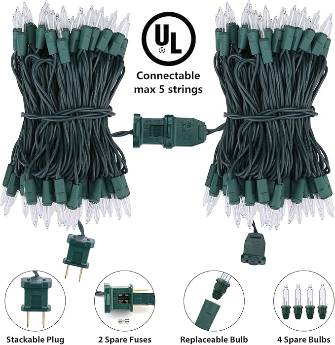 Toodour Clear Christmas Lights, 25ft 100 Count Incandescent Indoor Outdoor String Lights, UL Certified Connectable Green Wire Mini Bulb Light for Home, Party, New Year, Xmas Tree Decor - Warm White