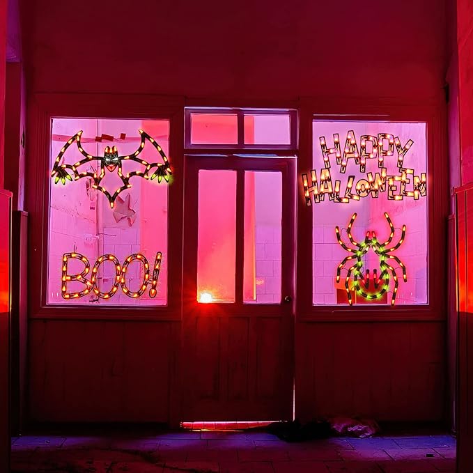 4-Pack Lighted Halloween Window Silhouette Decoration,Hanging Light Up Holiday Ornament( Cobweb,Jack-O-Lantern,Cat,Skull)