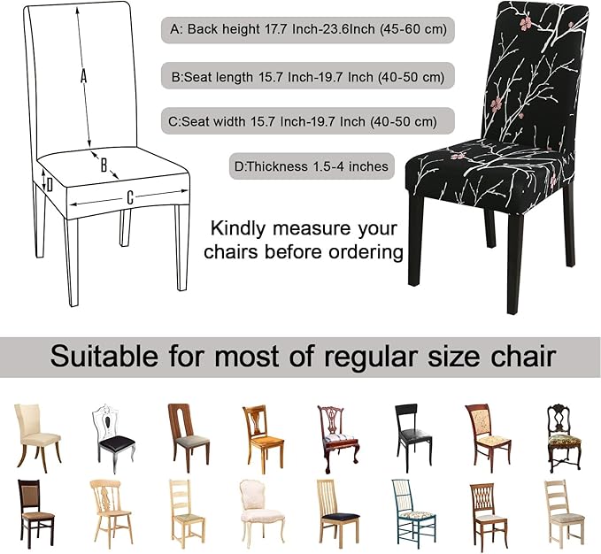 JQinHome Pattern Chair Covers for Dining Room Set of 4, High Stretch Removable Washable Parsons Chair Slipcover for Home Party Hotel Wedding Ceremony (Flourish Black,4PCS)